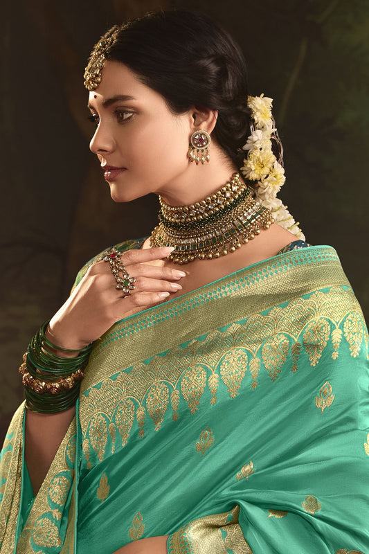 Soft Fabric Stitched Teal Blue Color Printed Heavy Silk Fabric Saree With Readymade Blouse