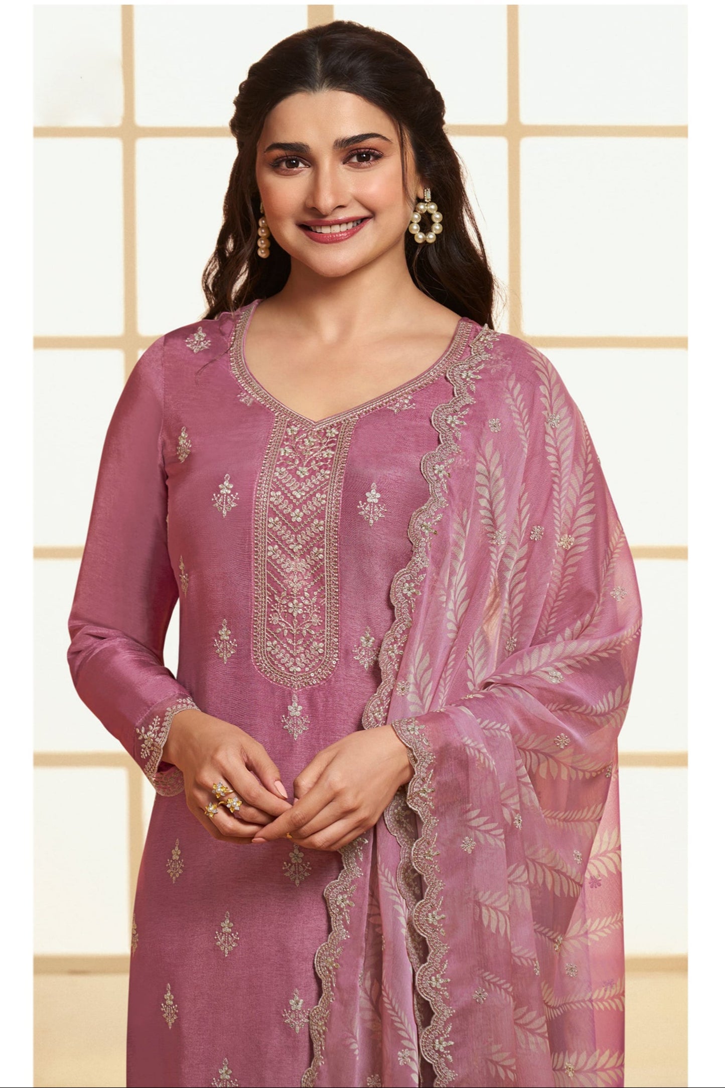 Dola Silk Shalwar Kameez Suit with Embroidered Organza Chiffon Dupatta