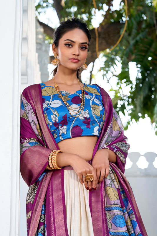 Stitched Off White Dola Silk Printed Work Party Wear Lehenga Choli