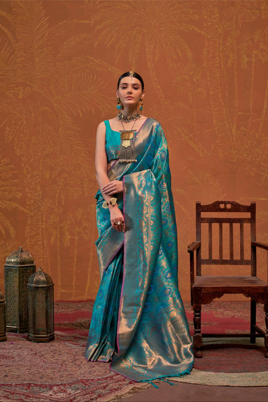 Saree for Formal Functions USA Teal Blue Color Print wedding Event Wear Silk Saree With Stitch Blouse
