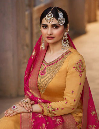 Yellow-Pink Color Indian Pakistani Designer Salwar Kameez Plazzo Suits