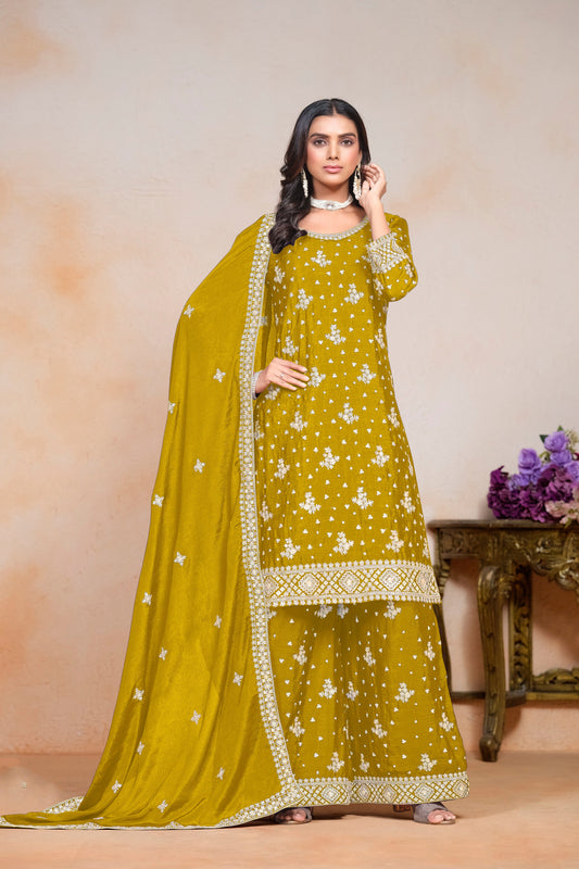 Traditional Wear Chinon Fabric Salwar Kameez Plazzo Suit With Dupatta