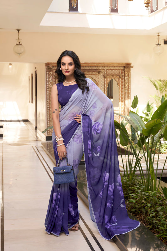 Custom-Stitched Bridal Sari Purple Color Indian Pakistani Women's Festival Wear Saree