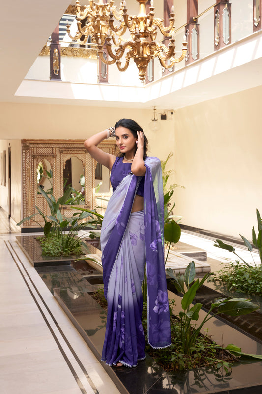 Custom-Stitched Bridal Sari Purple Color Indian Pakistani Women's Festival Wear Saree