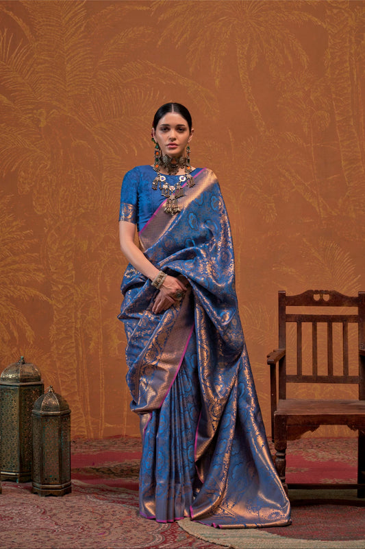 Diwali Saree in Plus Size USA Asian Women's Wear Ethnic Blue Color Gorgeous Saree with Blouse Outfit