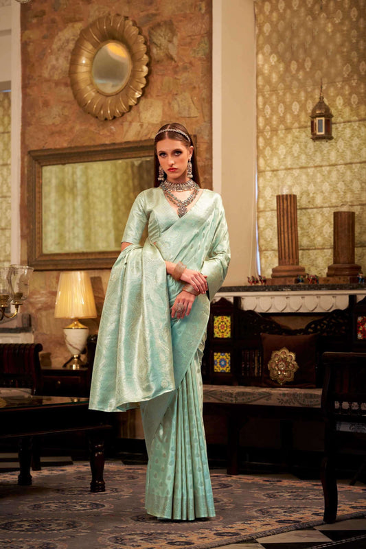 New Ready To Wear Stylish Sky Blue Color Printed Festival Wear Saree