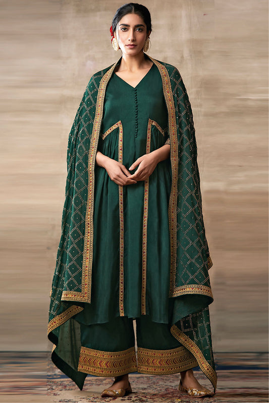 Green Color Silk Fabric Bridal Look Heavy Dress For Special Wedding