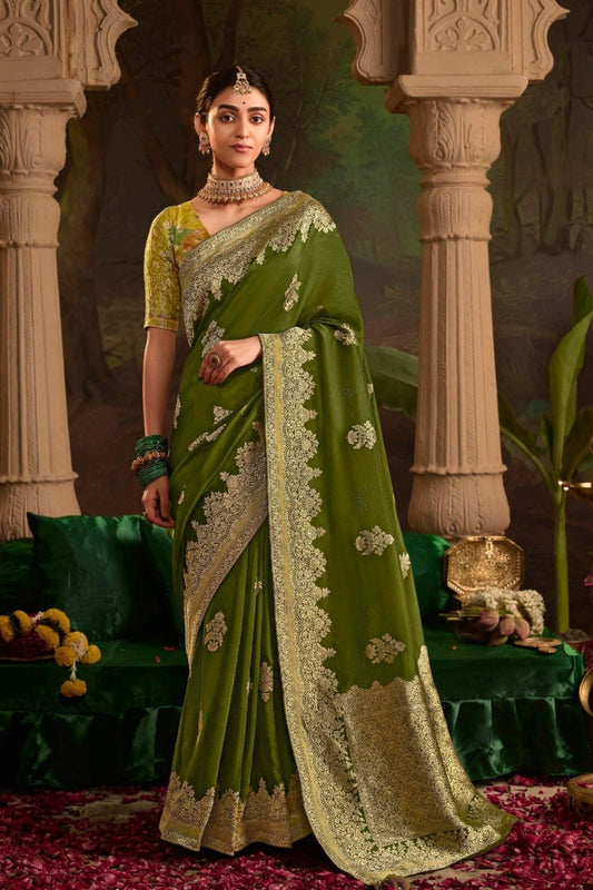 Eid Stitched Saree New Indian Designer Green Color Sari With Woven Blouse
