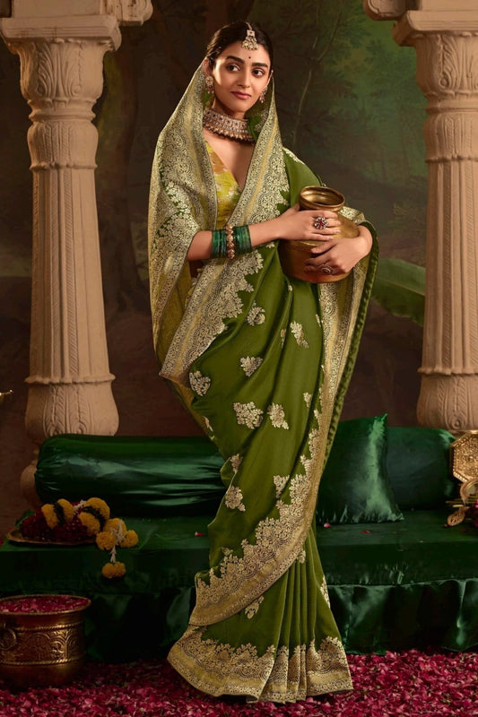 Eid Stitched Saree New Indian Designer Green Color Sari With Woven Blouse