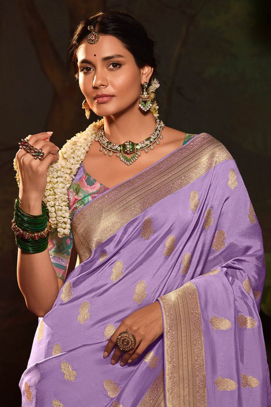 Eid Stitched Saree New Charming Lavender Color Dola Silk Fabric Work Occasion Wear Saree