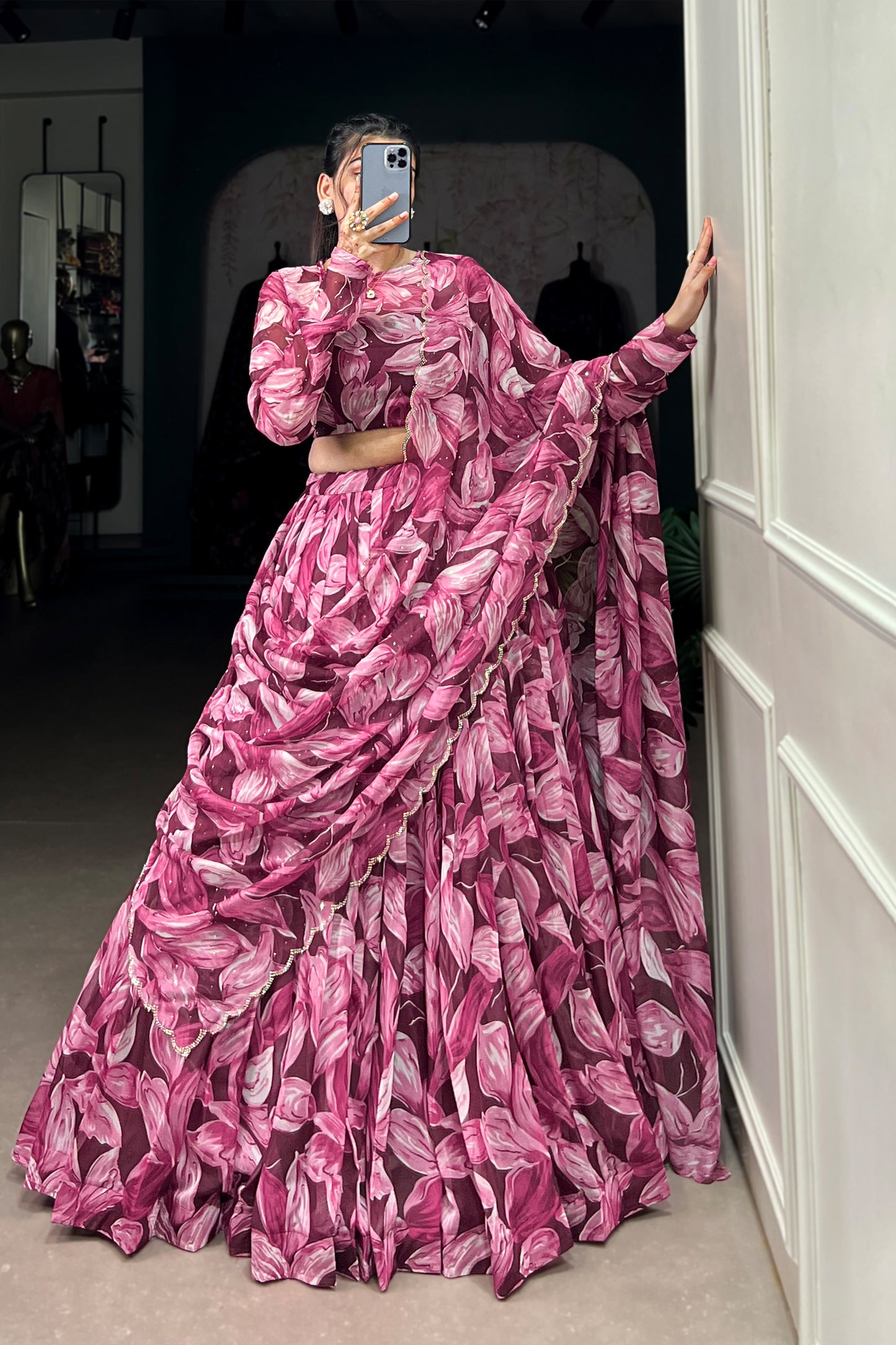 Pink Color Silk Fabric Print With Foil Print Lehenga Choli with Blouse