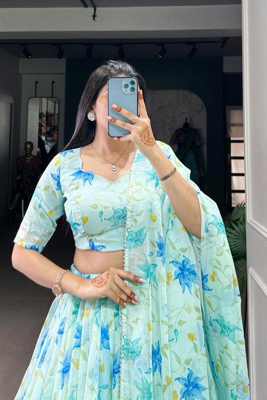 Exclusive Sky Blue Designer Fabric Floral Printed Lehenga Choli With Stylish Dupatta