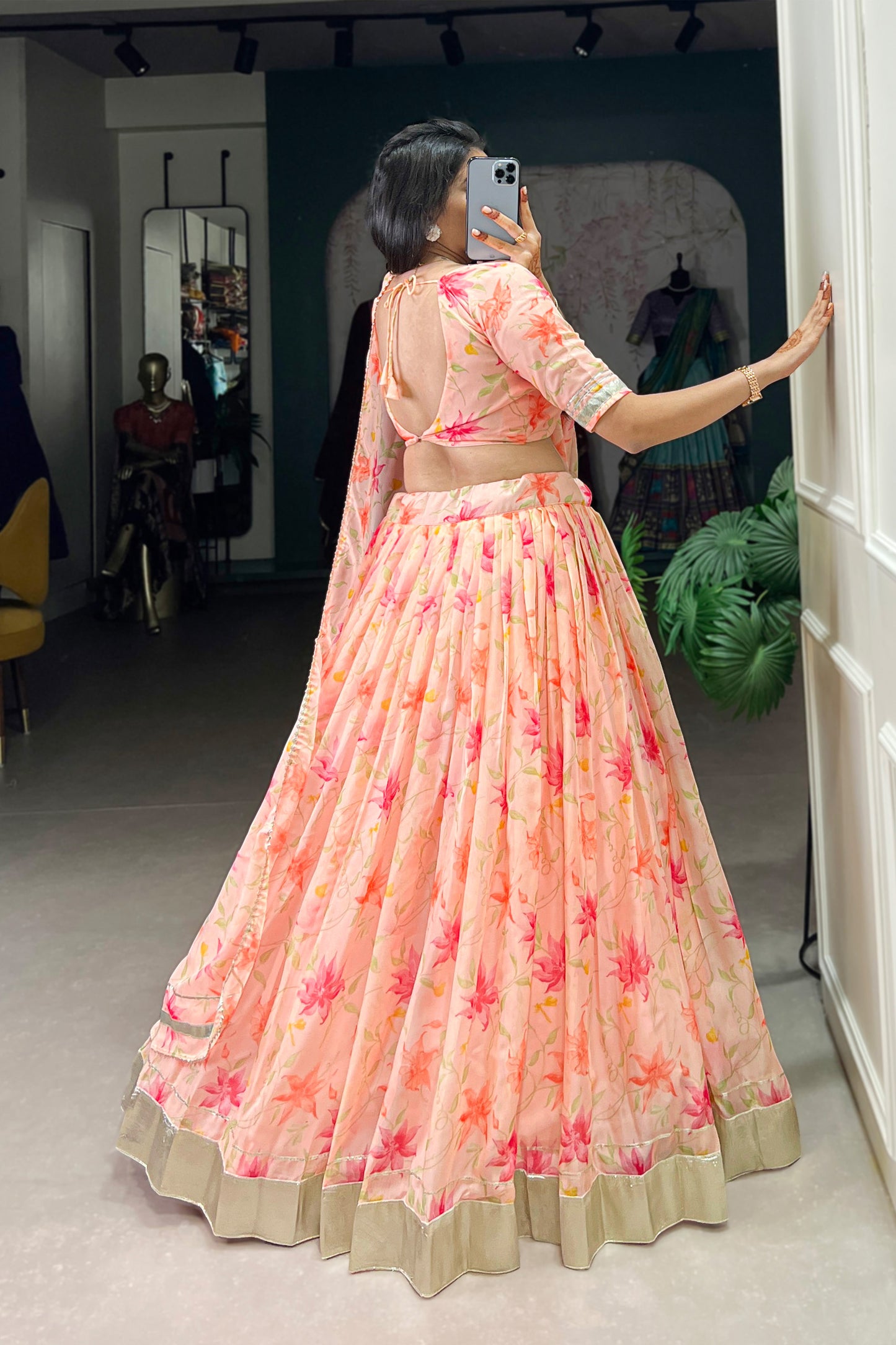 Indian Traditional Style Light Orange Design Floral Printed Lehenga Choli For Wedding Function