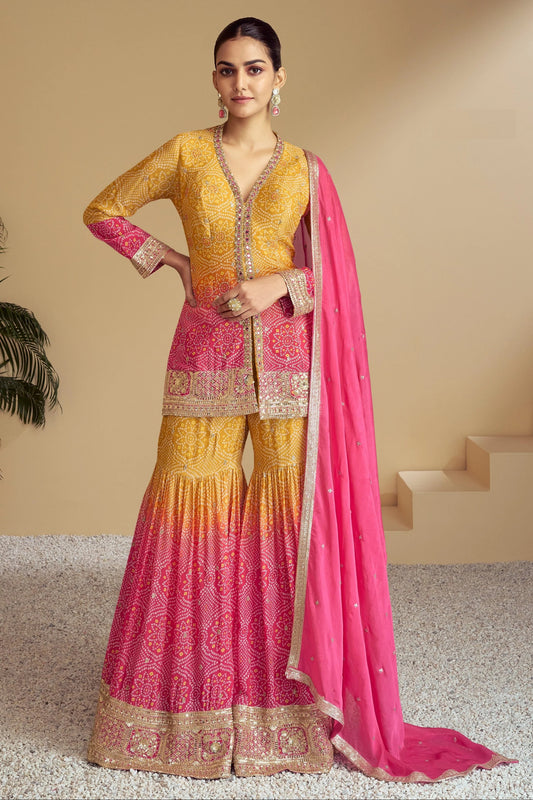 Wedding wear Outfits Digital Printed With Embroidery Work Sharara Suit