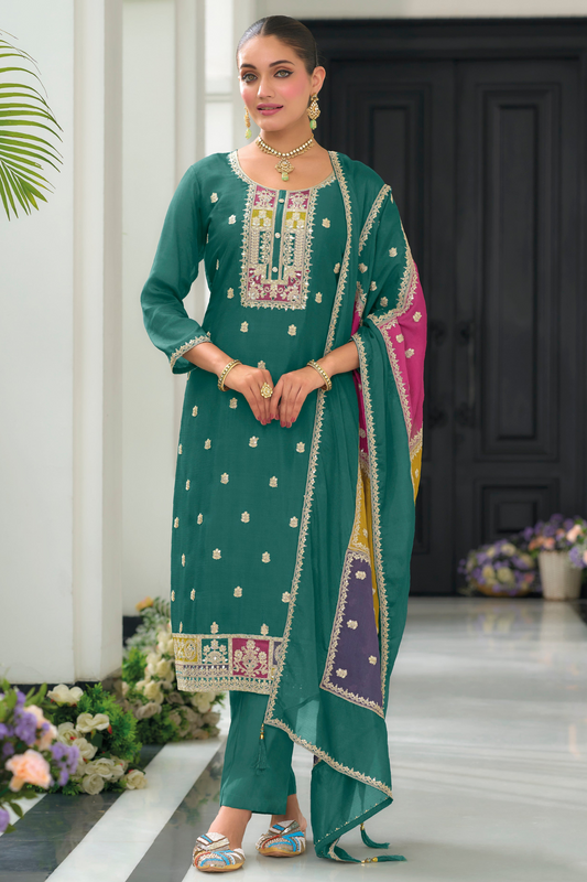 Luxury Shalwar Kameez Pant Suit with Heavy Chinon Top & Embroidered Silk Bottom