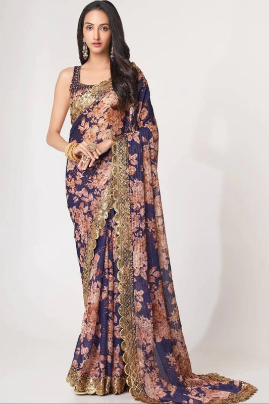Bollywood Style Blue Digital Floral Printed Designer Saree With Blouse