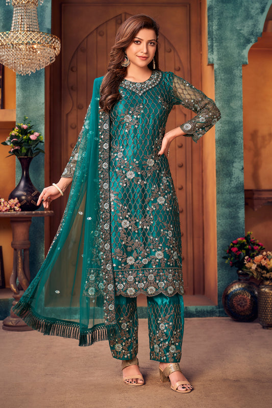 Heavy Embroidered Net Fabric Sophisticated Trouser Pant Suit With Satin Dupatta