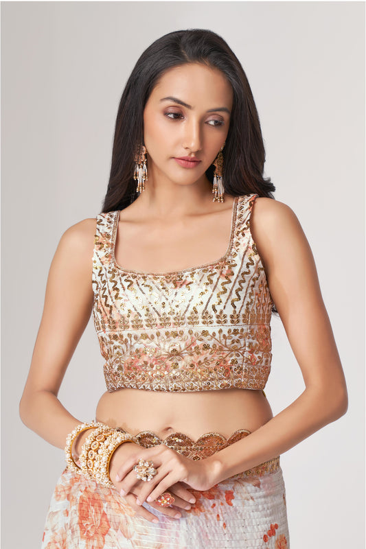 Wonderful White Floral Printed Embroidery Work Saree With Stitched Blouse