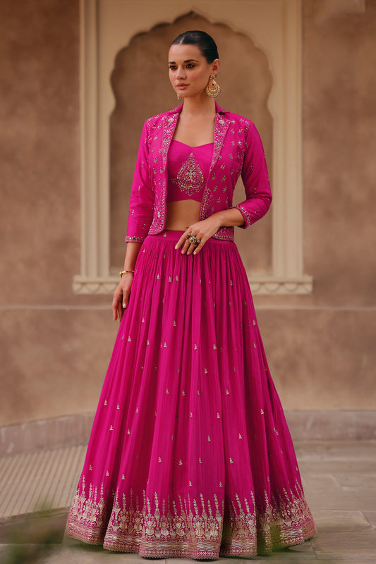 Pink Color Bridal Look Multi Embroidery Worked Latest Lehenga Choli