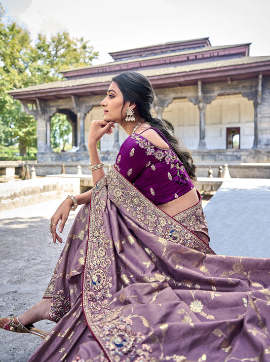 Bollywood Designer Purple Color Embroidery Work Festival Wear Saree