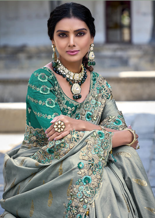 Grey Color Embroidery Work Party Style Work Saree With Stylish Blouse
