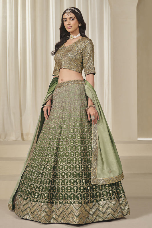 Green Chinon silk lehenga with detailed embroidered skirt border