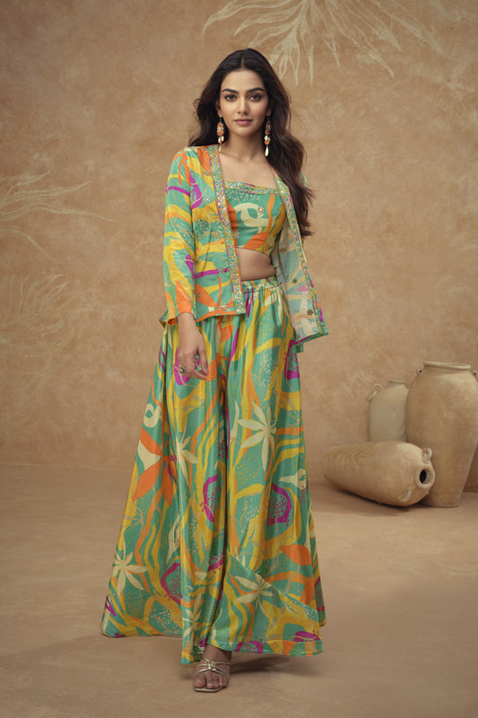 Mehendi Celebration Wear Chinon Silk Lehenga Anarkali Evening Gown