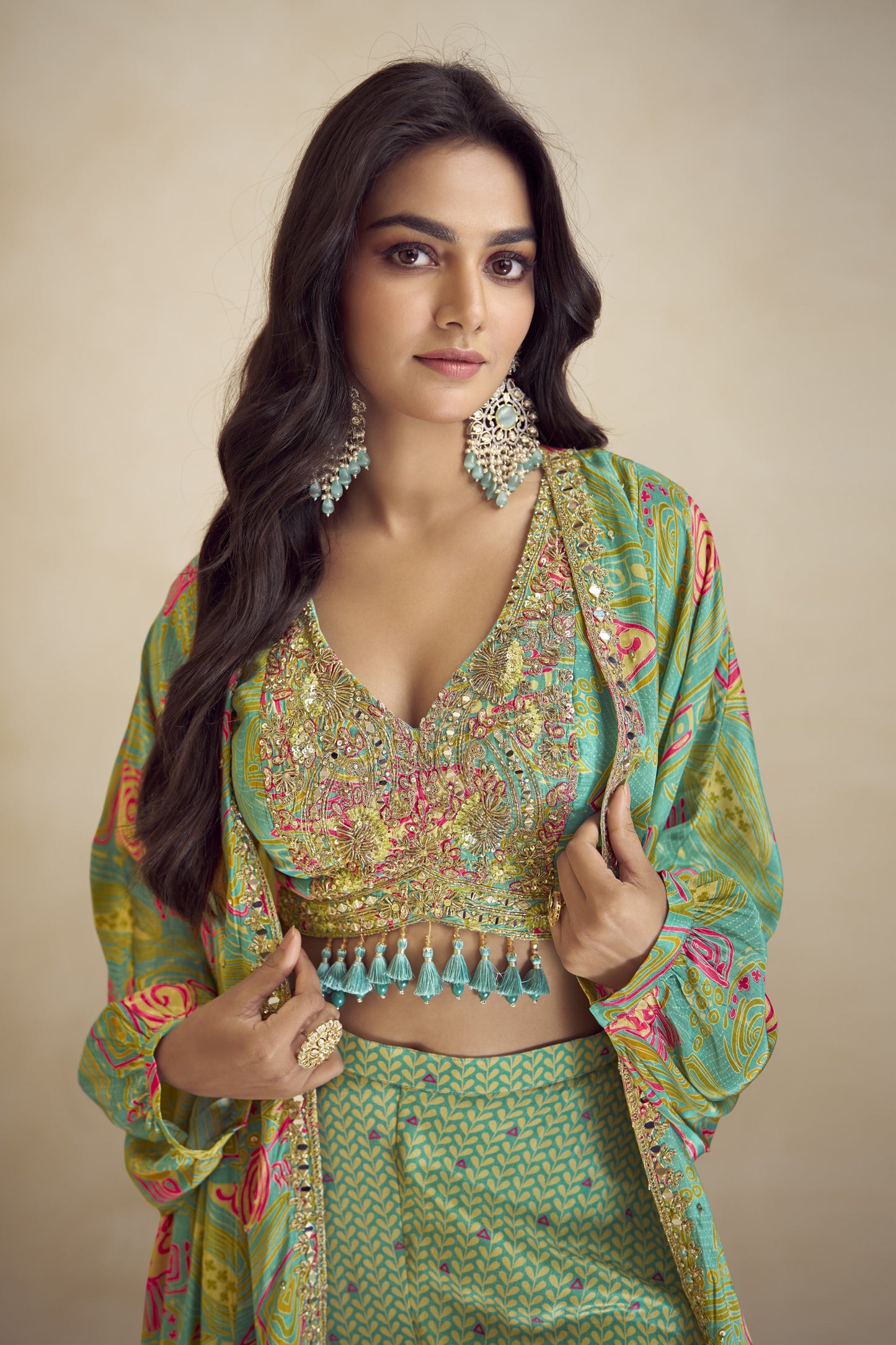 Wedding Haldi Party Celebration Wear Chinon Silk Lehenga Anarkali Gown