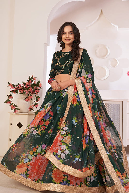 Green Color Printed Work Sangeet Function Wear Georgette Lengha Choli