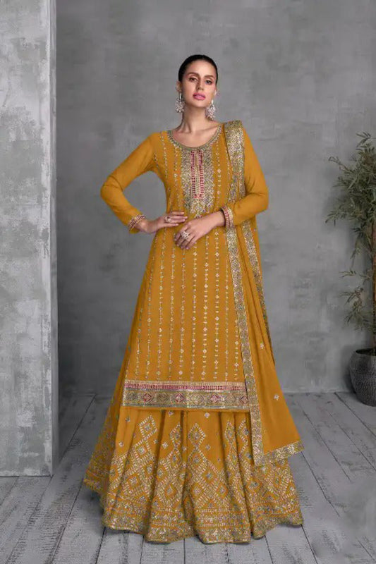 Indian Wedding Wear Yellow Color Embroidery Work Latest Style Lehenga