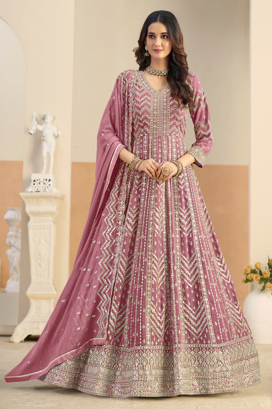 Pink anarkali salwar suit with heavy embroidery, front view