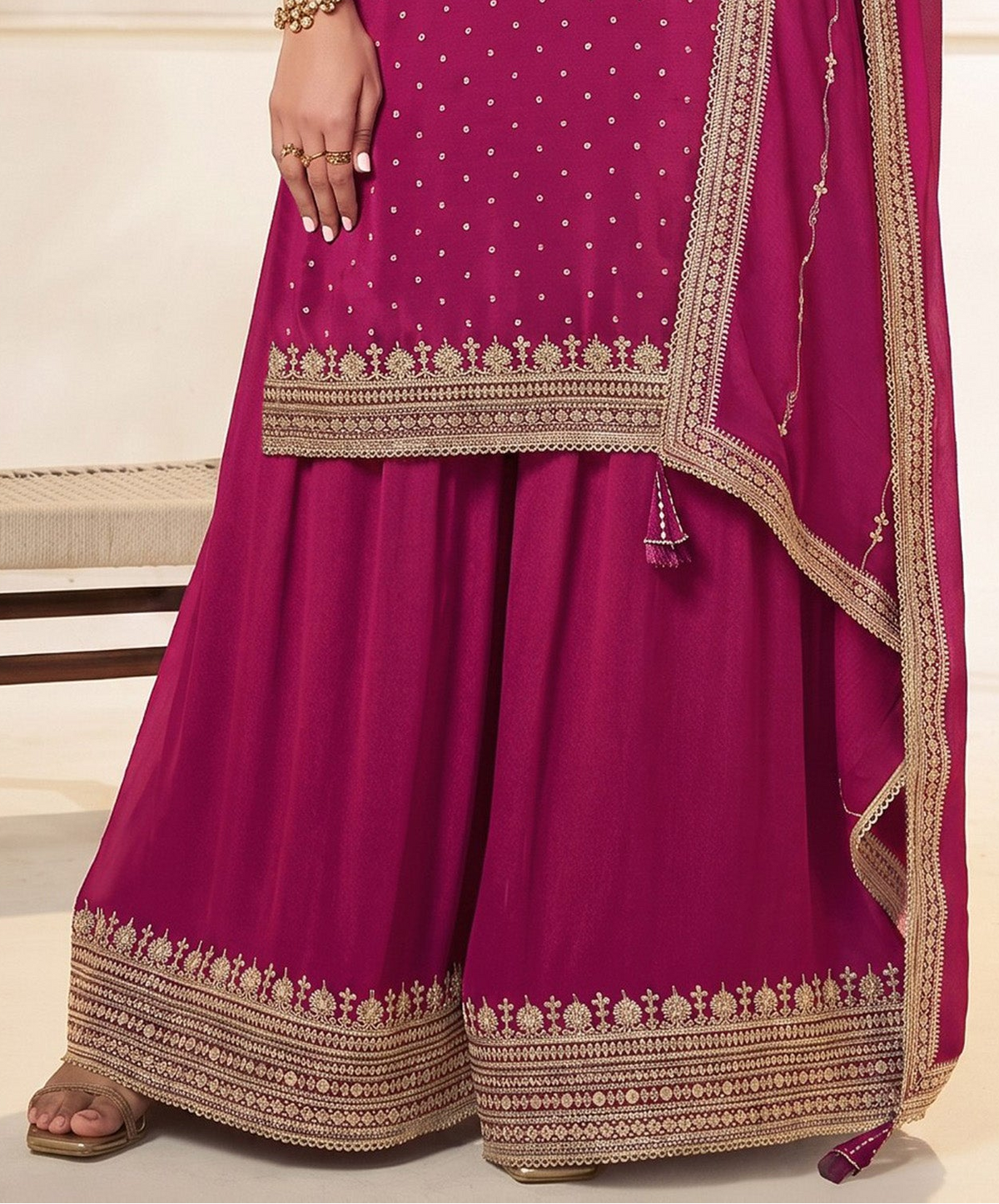 Back view of pink stitched kameez plazzo dress