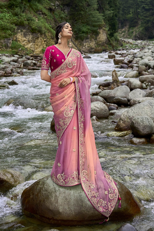 Pink Color Embroidered Worked Engagement Party Wear Saree and Blose