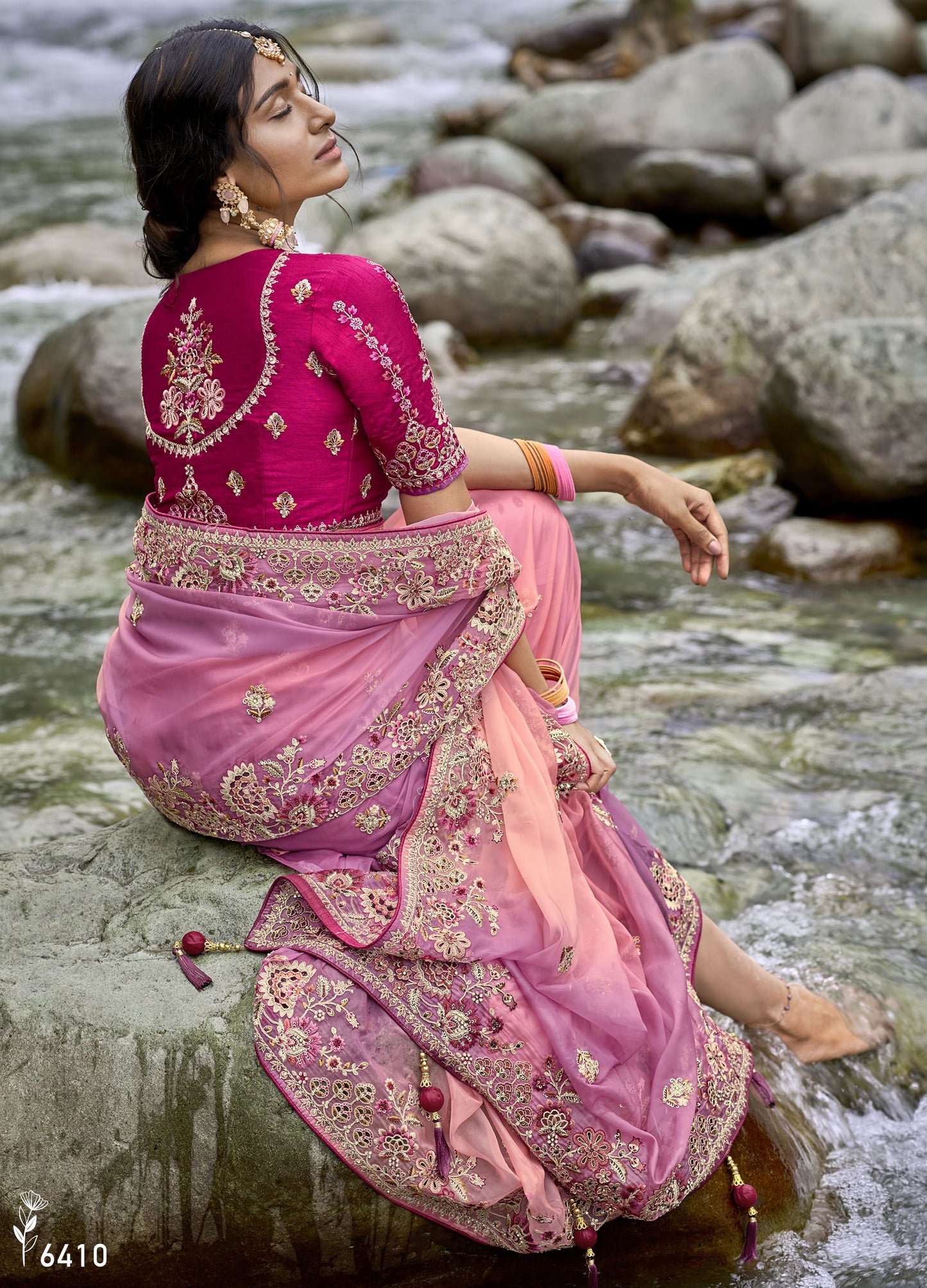 Pink Color Embroidered Worked Engagement Party Wear Saree and Blose