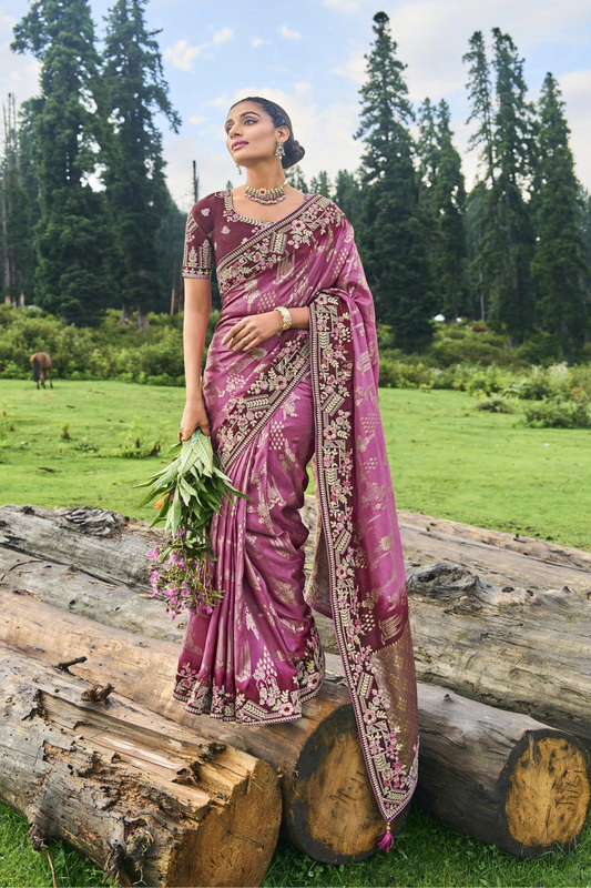 Designer Pink Color Embroidery Worked Wedding Wear Saree With Blouse