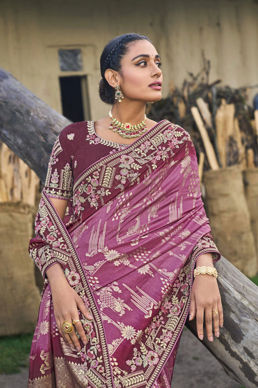 Designer Pink Color Embroidery Worked Wedding Wear Saree With Blouse