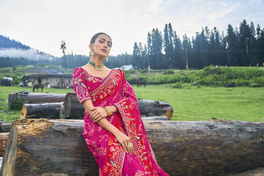 Beautiful Red Rani Color Event Party Wear Saree With Designer Blouse