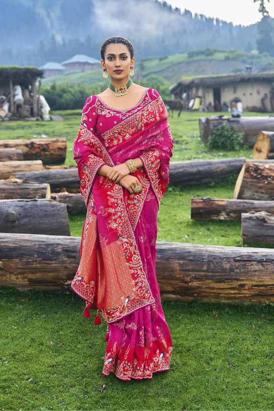 Beautiful Red Rani Color Event Party Wear Saree With Designer Blouse