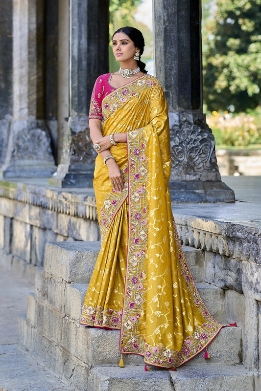 Yellow Color Designer Silk Saree With Fancy Blouse for UK Indian Women USA