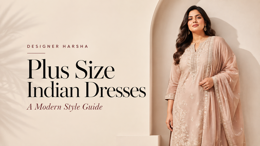 Plus size woman wearing an elegant embroidered Indian ethnic dress for the Designer Harsha plus size Indian dresses style guide.