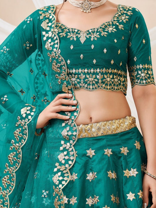 Teal Green Color Readymade Georgette Fabric Embroidery Work Art Silk Wedding Wear Lehenga Choli