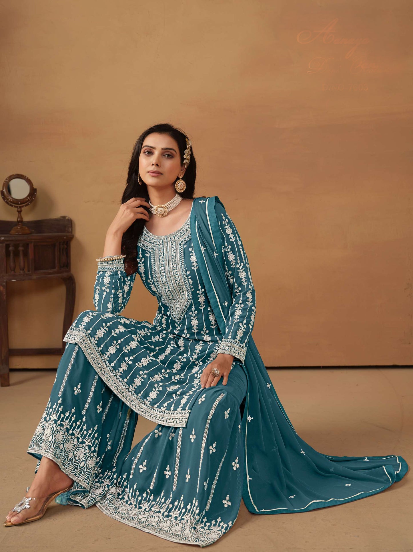 New Style Teal Color Sharara Suit For Special Wedding-Reception