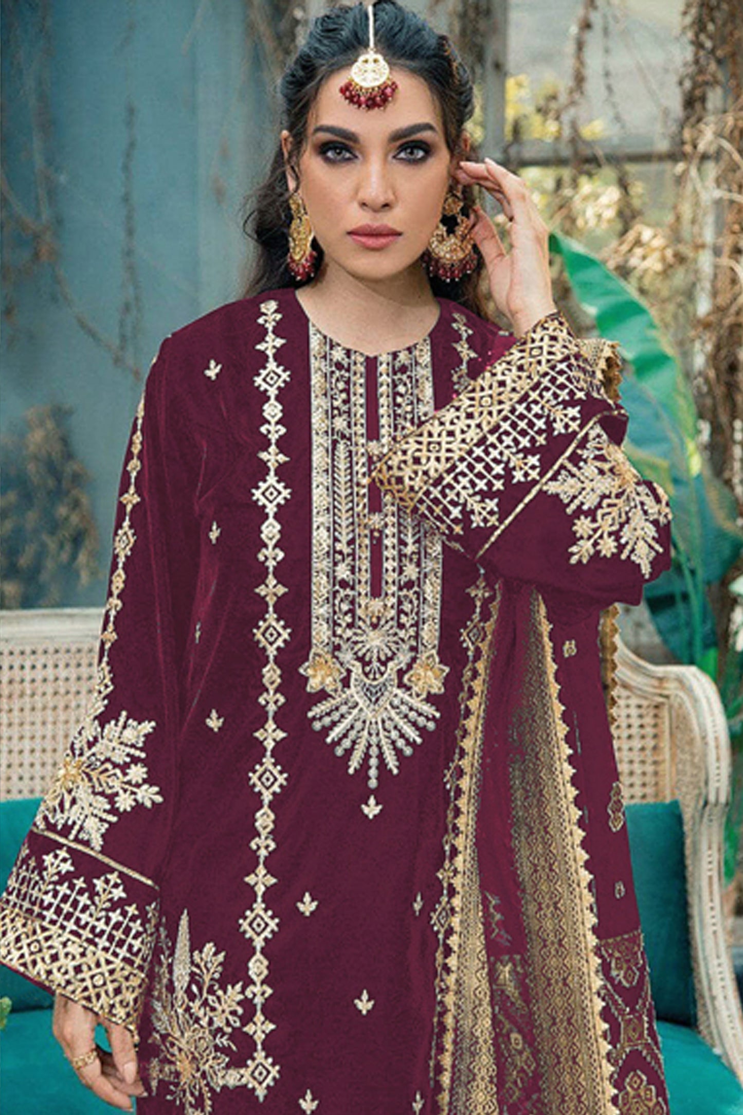 Newest Wedding Style Wine Color Ready To Wear Salwar Kameez With Dupatta