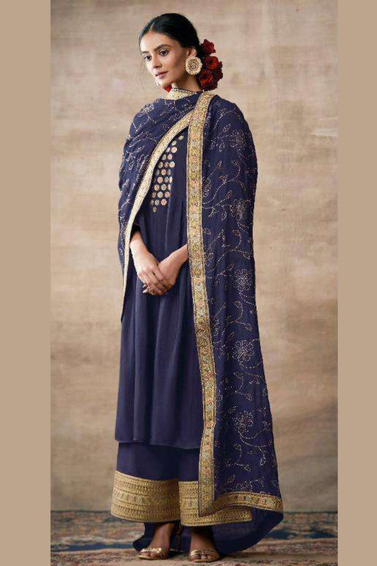 Ready To Wear Style Navy Blue Color Plazzo Dress With Dupatta For Wedding