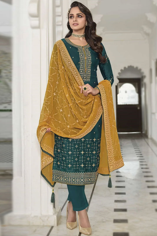 Solid Teal Color New Style Salwar Kameez With Dupatta For Wedding-Reception