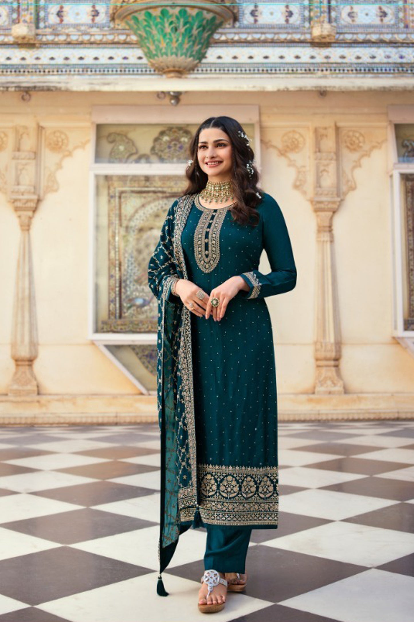 New Style Teal Color Heavy Embroidery Work Salwar Suit With Dupatta