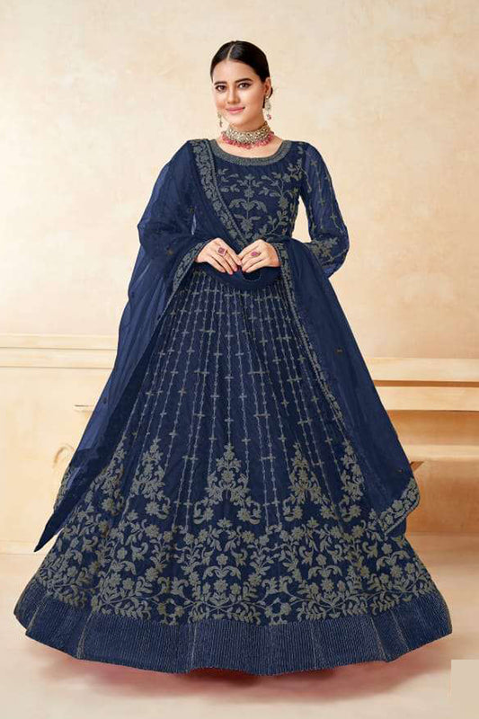 Newest Style Navy Blue Color Anarkali Gown With Dupatta For Party