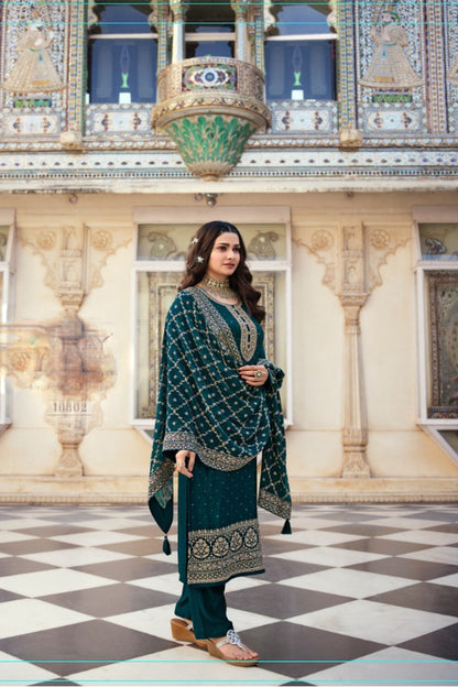 New Style Teal Color Heavy Embroidery Work Salwar Suit With Dupatta