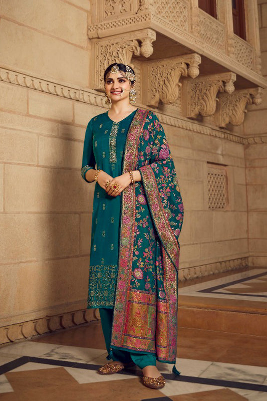 New Teal Color Embroidery Work Salwar Kameez With Dupatta For Wedding-Festival