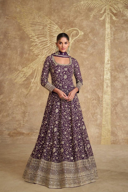 Royal Purple Color Embroidery Work Indian Women's Traditional With Dupatta